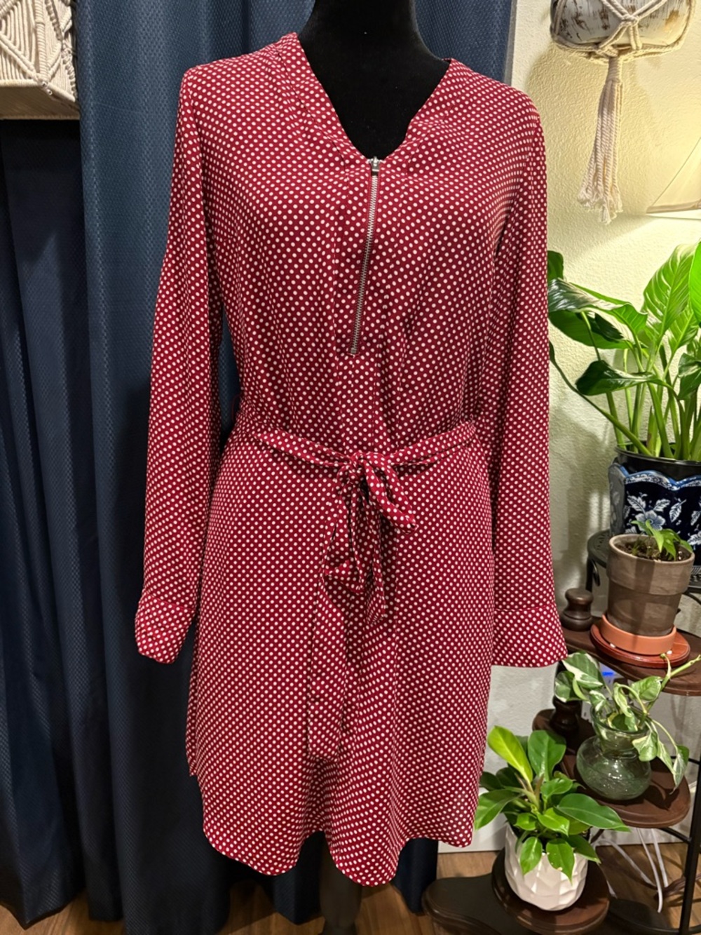 Express Burgundy Polka Dot Long Sleeve 3/4 Zip-Front Dress